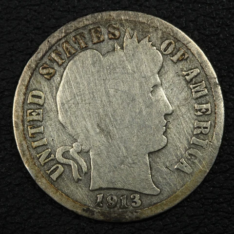 1913 S Barber Silver Dime - Harshly Cleaned Cover