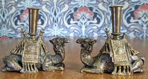 Victorian Orientalist Pair Bronze Camel Candlestick Holders 19th Century Antique - Picture 1 of 18