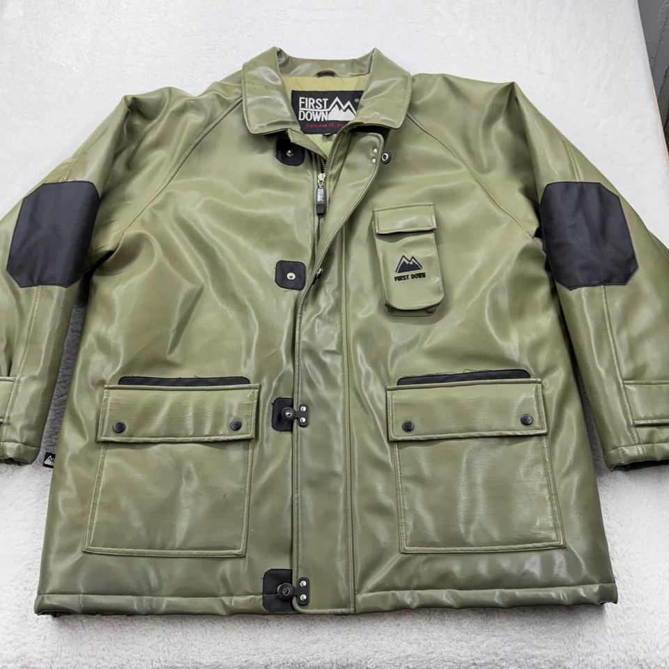 First Down Mens XXL Olive Green Puffer Jacket Full Zip PVC Casting Leather Shell - Image 1 of 4