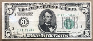 1928A $5 FRN ~ PHILADELPHIA [] NUMERIC 3 SEAL [] FR.1951-C [] SN# C 1411 2246 A - Picture 1 of 3
