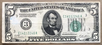 1928A $5 FRN ~ PHILADELPHIA [] NUMERIC 3 SEAL [] FR.1951-C [] SN# C 1411 2246 A - Image 1 of 3