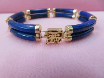 Brazalete Doble Fila 7 1/8" 14k Lapislázuli con Cierre Chino "Buena Fortuna" 14k Foto 1 de 4