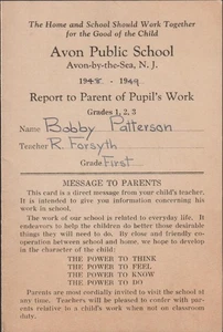 Report Card Avon Public Schools Avon-by-the-Sea NJ. First Grade 1948-49 - Picture 1 of 3