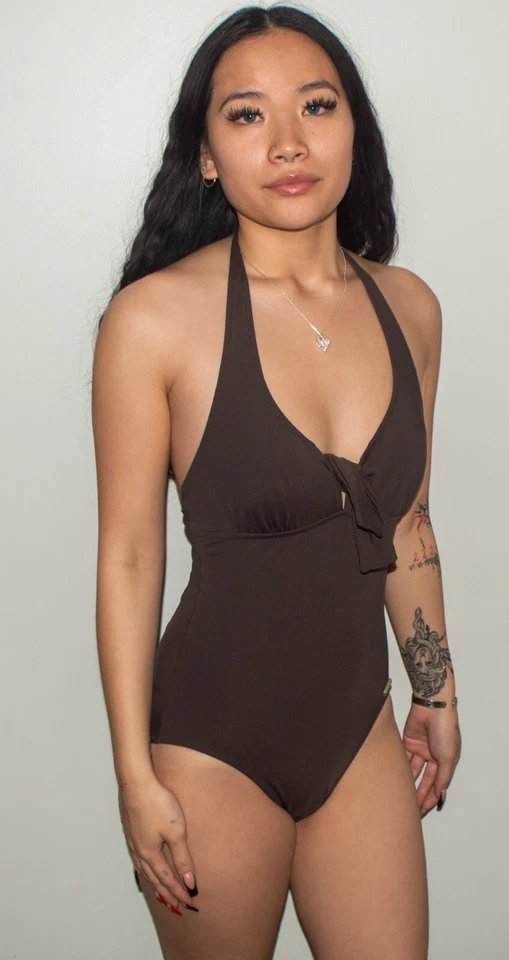 Traje de baño halter DKNY marrón liso 1 pieza talla 6 Foto 1 de 4