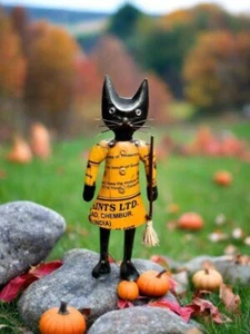 Primitive Halloween recycelte Metall Luna schwarze Katze mit Besen 11,5" - Bild 1 von 2