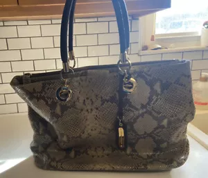 Cynthia Rowley Leather Python Snake Reptile Print Gold Hardware Brown blue liner - Picture 1 of 10