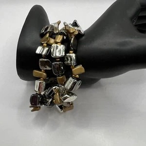 Mixed Metal Bracelets Set of Three Genuine Shell Stretch Gold Silver Tone - Picture 1 of 6