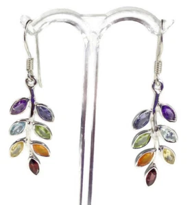 Chakra drop earrings solid Sterling Silver marquise multistone branch - Picture 1 of 5