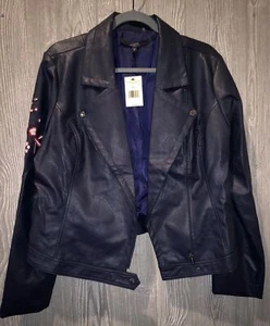 GUESS Marvi Embroidered Evening Dark Blue Faux Leather Moto Jacket NWT Jrs Sz XL - Picture 1 of 4