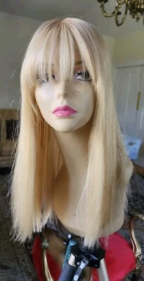 EUROPEAN HUMAN HAIR TOPPER ROOTED BLONDE MONO 8"X8" 18" LONG  BANGS - Imagem 1 de 4