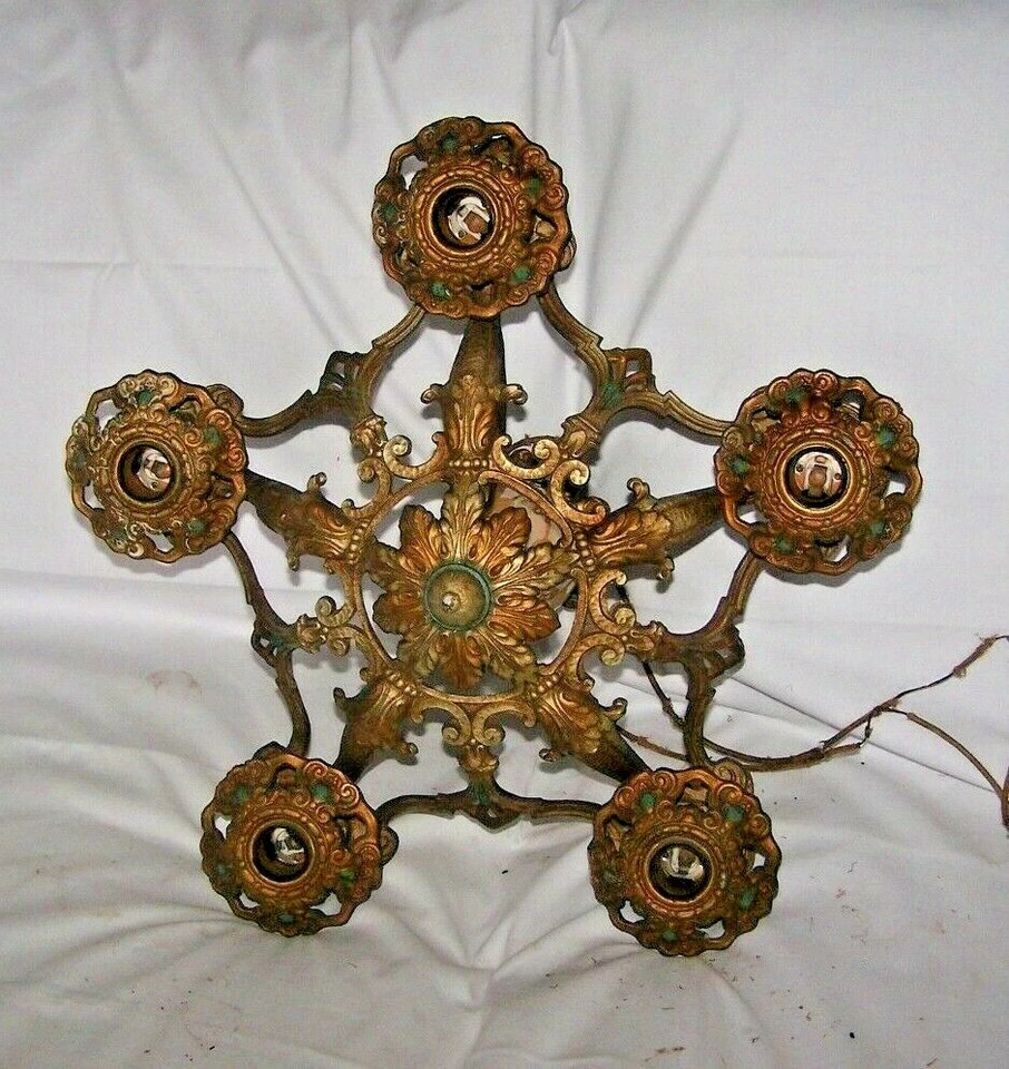 Antique Art Nouveau Cast Metal /Iron Polychrome Chandlier /Light Fixture 1920 #2 - Image 1 of 4