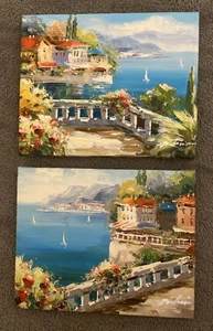 Dipinto olio vista baia mare italiano stile Rossini firmato 8” x 10” coppia di 2 - Foto 1 di 12