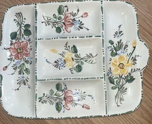 Hand Painted Pottery Serving Tray 5 Section Divided Green Pink Yellow 12x10 - Picture 1 of 7