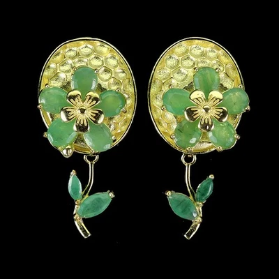 925 Sterling Silver Earrings Oval Emerald 5x4mm Natural Gemstone Flower Jewelry - Image 1 of 4