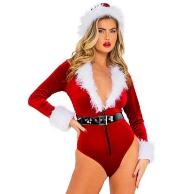 Santa Costume Velvet Bodysuit Faux Fur Trim V Neck Zipper Mrs Claus Holiday C205 - Image 1 of 4