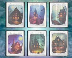 Diccionario de casas embrujadas impresiones de decoración espeluznantes para Halloween conjunto de seis - Imagen 1 de 7
