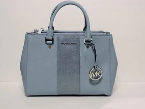 New Michael Kors Sutton blue metallic silver Stripe Medium Saffiano leather bag - Picture 1 of 10