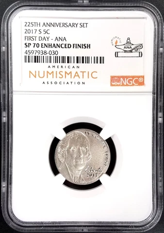 2017 S Jefferson Nickel, NGC SP 70 Enhanced Finish, First Day of Issue, ANA! Cover