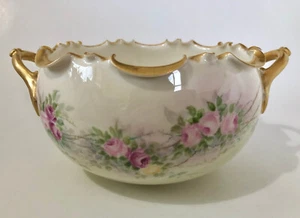 Willets Belleek Bowl, Hand Painted Roses, Ruffled, Handles - Picture 1 of 9