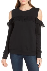 Halogen Ruffle Cold Shoulder Sweatshirt Top NWT Size Small Black NEW - Picture 1 of 3