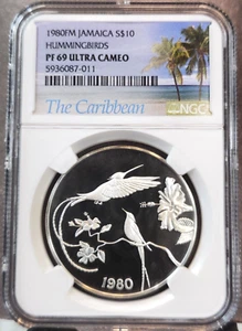 1980 JAMAICA SILVER 10 DOLLARS JAMAICAN HUMMING BIRDS NGC PF 69 ULTRA CAMEO RARE - Picture 1 of 3