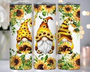 SUNFLOWER GARDEN GNOMES TUMBLER CUP 20 OZ STAINLESS STEEL +LEAK PROOF LID/STRAW