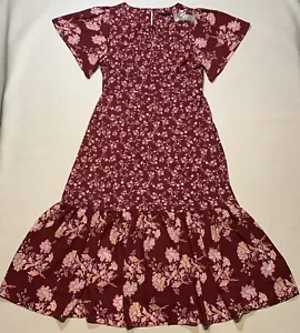 J. Abito donna Crew 12 drappeggi manica svolazzante floreale midi fiori bordeaux nuovo con etichette - Foto 1 di 11