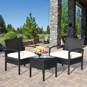 3PCS Rattan Wicker Table Chair Set PE Outdoor Sofa Couch Furniture w/ Cushion - Picture 1 of 6
