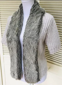 ZARA Wool Cardigan Faux Fur Shawl Collar Beige Brown Sz Medium Short Sleeve Open - Picture 1 of 4