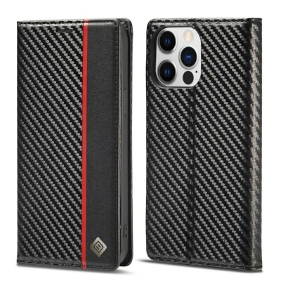 Carbon Fiber leather Flip Case Magnetic Cover For iPhone 15 14 13 Pro Max 16 Pro - Image 1 of 4