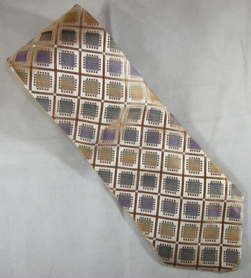 Stafford Gold, Beige, Blue, Green Squares Check Silk Neck Tie 59" L x 4"W (E724) - Image 1 of 3