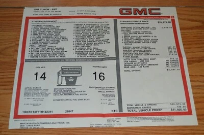 GMC Yukon 2001 4x4 pegatina de ventana de distribuidor original Foto 1 de 2