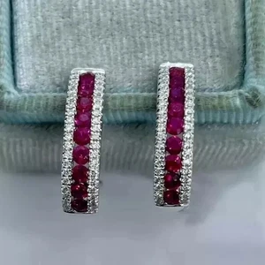 2Ct Round Lab-Created Red Ruby Women Huggie Hoop Earrings 14K White Gold Plated - Picture 1 of 6