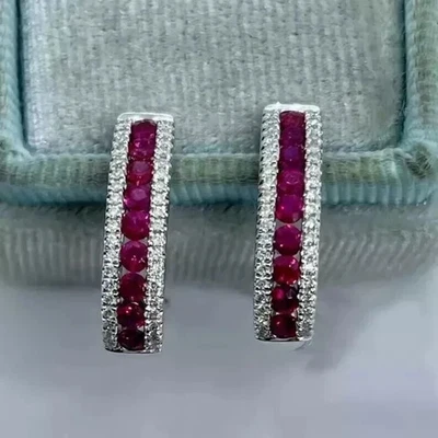 2Ct Round Lab-Created Red Ruby Women Huggie Hoop Earrings 14K White Gold Plated - Image 1 of 4