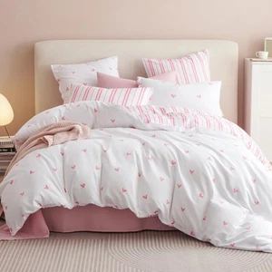 Twin Duvet Cover White Pink Love Heart Striped Reversible Comforter Cover Sof... - Picture 1 of 8