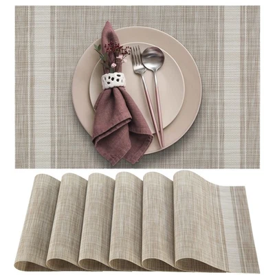 Dining Table Placemats Set of 6 PVC Vinyl Vertical Striped Grey White - Image 1 of 4