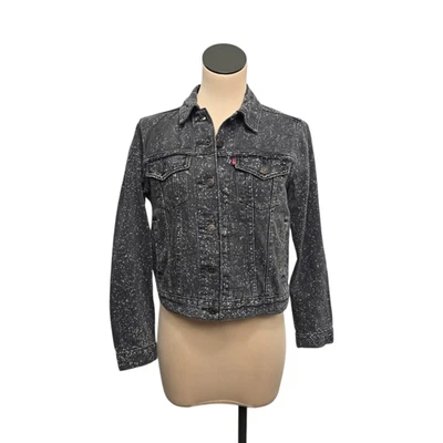 Chaqueta Levis Trucker Mujer Mediana Negra Blanca Denim Moteado Abotonada Nuevas Etiquetas Foto 1 de 4