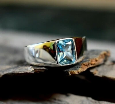 Natural Blue Topaz Gemstone with 925 Sterling Silver Ring for Men's AJ355 - Image 1 of 4