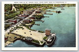 Postcard Aerial View State Ferry Dock St. Ignace, MI I8 - Picture 1 of 2