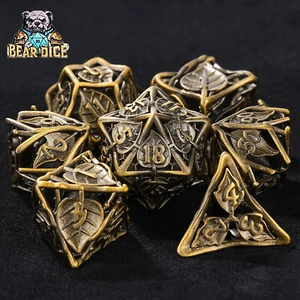 Hollow Metal DND Dice Set 7PCS Polyhedral Dungeons and Dragons Leaf Antique Gold - Picture 1 of 7