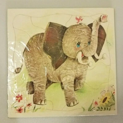Quebra-cabeça bandeja moldura elefante olhos azuis ~ Vintage 1960 infantil ~ 7,5" x 7,5" - Imagem 1 de 4