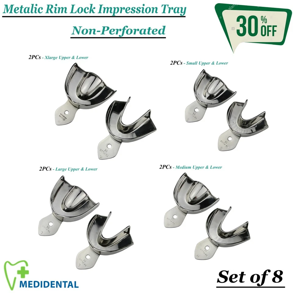TK PLUS Set de 8 Dental Orthodontique Porte-Empreinte Non Perforé Metalic Rim Lock Solid