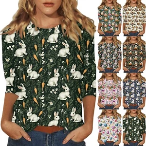 Women's Printed Casual Fashion Tops Basic Plus Size 3/4 Sleeve Easter Pullover - Picture 1 of 36
