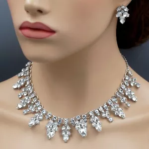 Set Gioielli Collana Collana Orecchini Cristallo Trasparente Donna Prom Tono Argento 0145 - Foto 1 di 8
