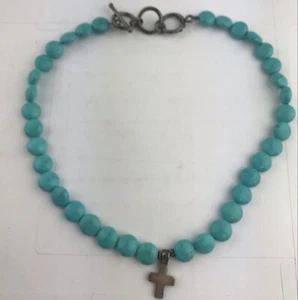 Vintage Sterling Silver Southwest Cross Necklace Turquoise Color Beads - Picture 1 of 8