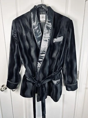 Винтажный LW WARDY черный выбитый бархат атласный воротник курить Куртка Пальто подпоясанный LG - Изображение 1 из 4