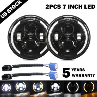 2X 7"INCH LED Headlight High/Low Halo Ring DRL For Jeep Wrangler CJ JK TJ LJ - Image 1 of 4
