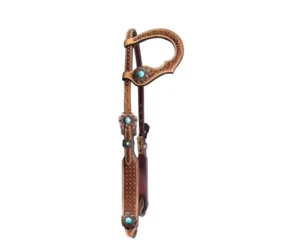 Waffle Tooled Leather One Ear Headstall with Turquoise Copper Floral Conchos - Picture 1 of 1