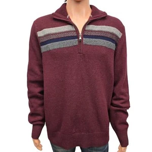 BANANA REPUBLIC Quarter 1/4 Zip Sweater Wool Italian Yarn Men L Burgundy Striped - Picture 1 of 12