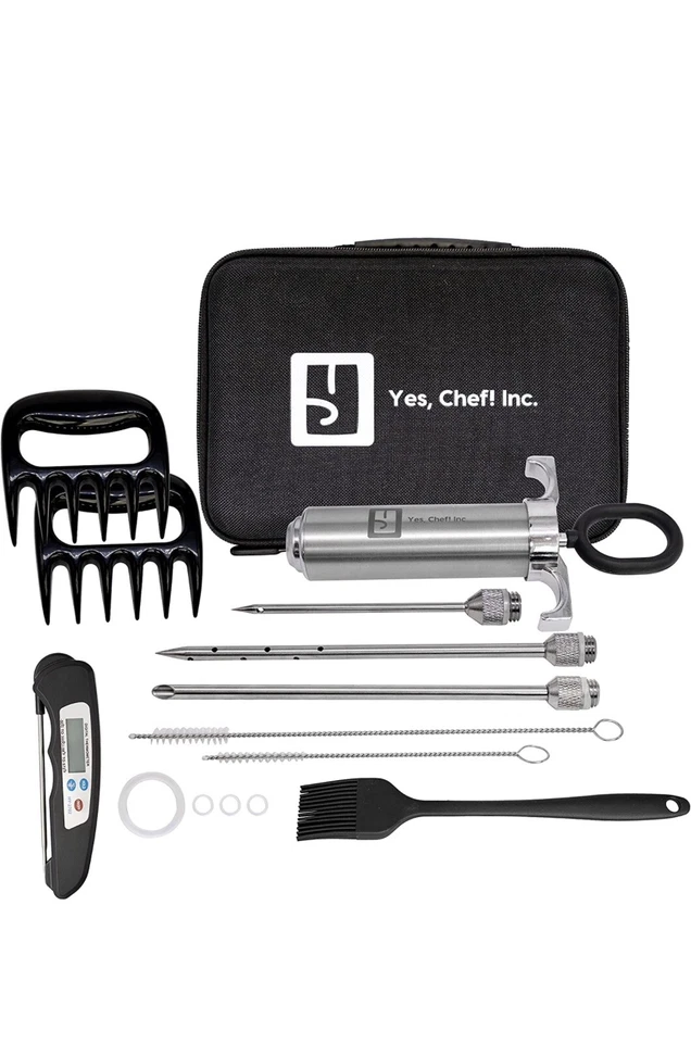 Jeringa inyectora de carne de adobo agujas de acero inoxidable garras termómetro cepillo Foto 1 de 4